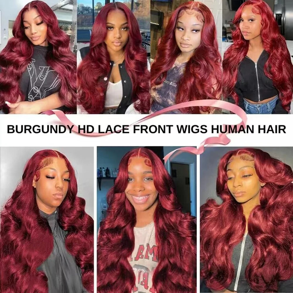 99J Burgundy Loose Body Wave Wig 250% Density Human Hair Transparent Lace Glueless Wig