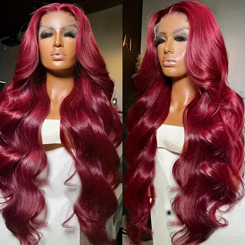 99J Burgundy Loose Body Wave Wig 250% Density Human Hair Transparent Lace Glueless Wig