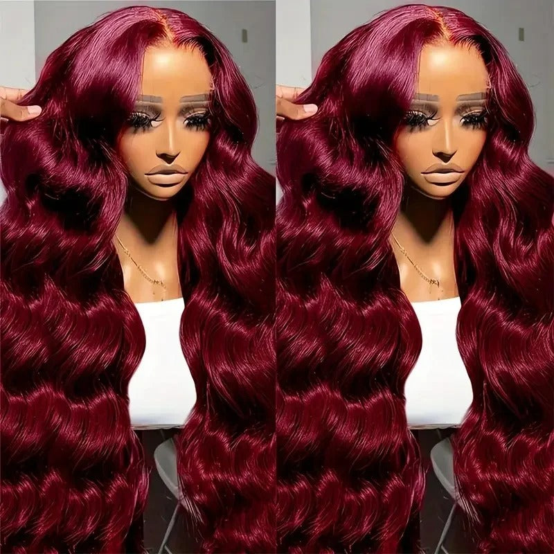 99J Burgundy Loose Body Wave Wig 250% Density Human Hair Transparent Lace Glueless Wig